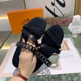 Replica Hermes Black Multi Strap Chain Sandal