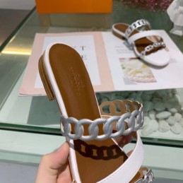 Replica Hermes White Brown Chain Strap Slide Sandal