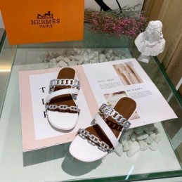 Replica Hermes White Brown Chain Strap Slide Sandal