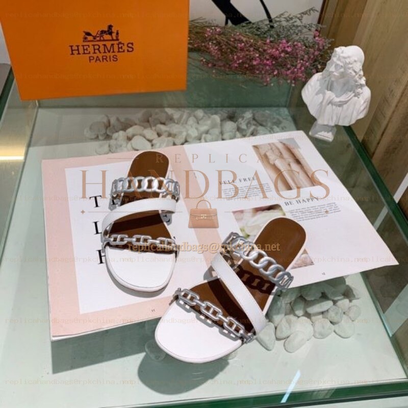 Replica Hermes White Brown Chain Strap Slide Sandal