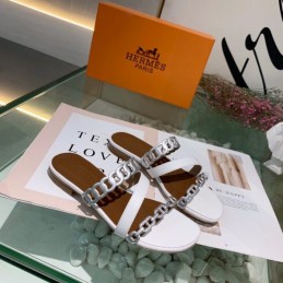 Replica Hermes White Brown Chain Strap Slide Sandal