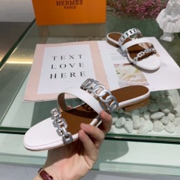 Replica Hermes White Brown Chain Strap Slide Sandal