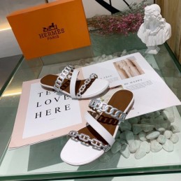 Replica Hermes White Brown Chain Strap Slide Sandal