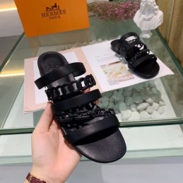 Replica Hermes Black Chain Buckle Slide Sandal