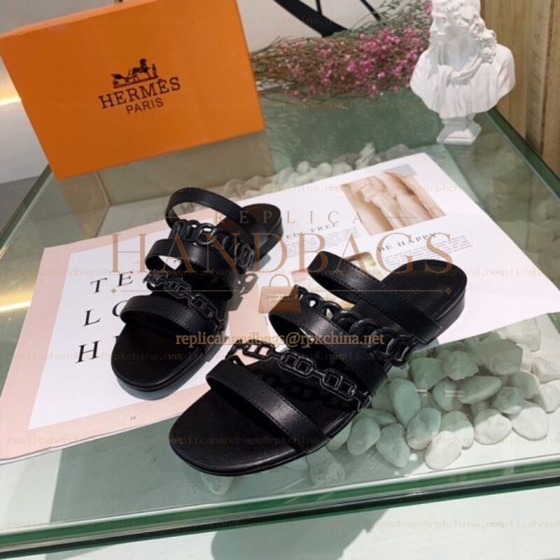 Replica Hermes Black Chain Buckle Slide Sandal