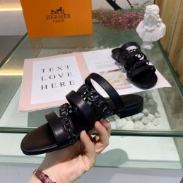Replica Hermes Black Chain Buckle Slide Sandal