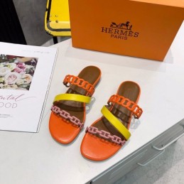 Replica Hermes Orange Yellow Multi Strap Chain Sandal