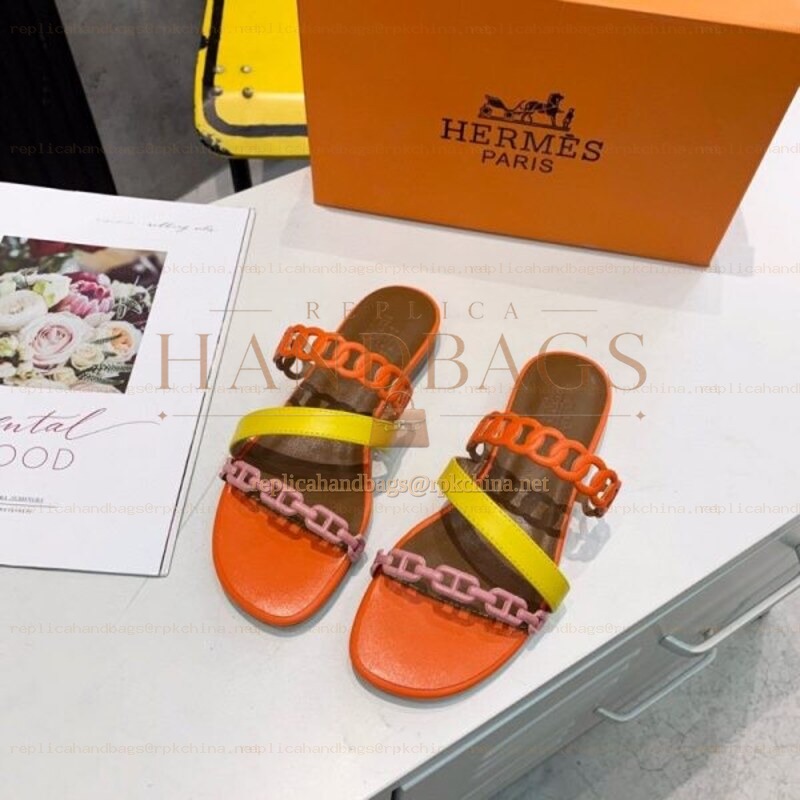 Replica Hermes Orange Yellow Multi Strap Chain Sandal