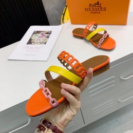Replica Hermes Orange Yellow Multi Strap Chain Sandal