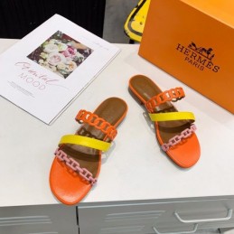 Replica Hermes Orange Yellow Multi Strap Chain Sandal