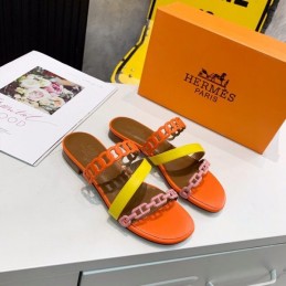 Replica Hermes Orange Yellow Multi Strap Chain Sandal