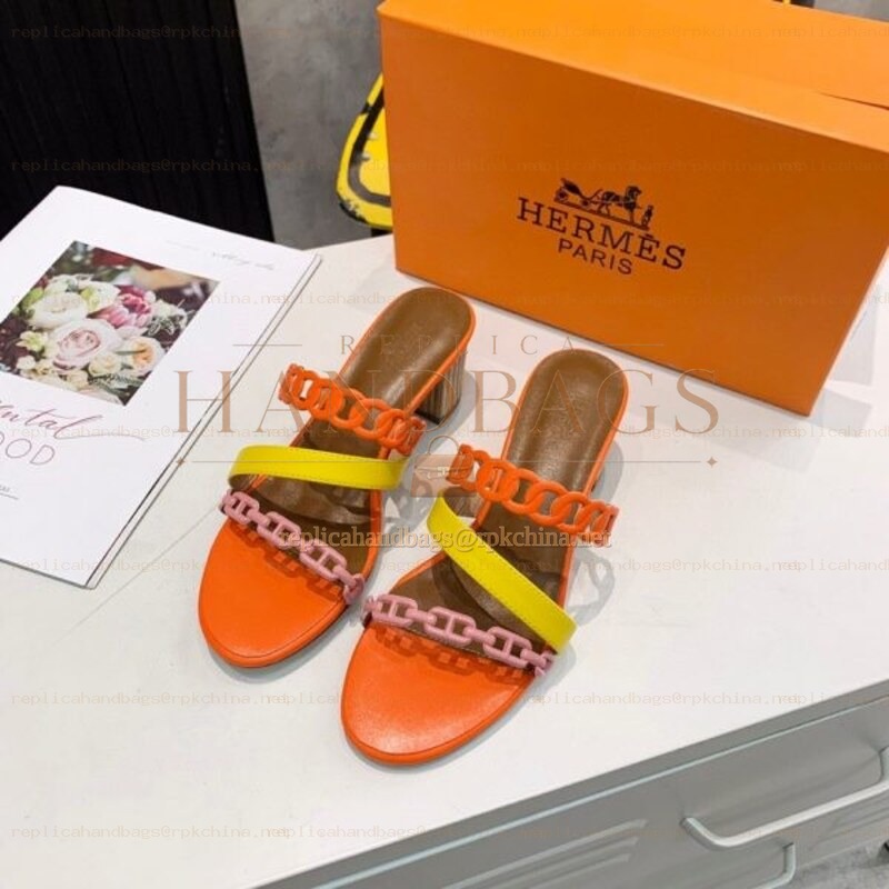Replica Hermes Orange Multi Strap Chain Sandal