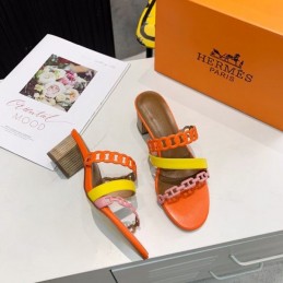Replica Hermes Orange Multi Strap Chain Sandal