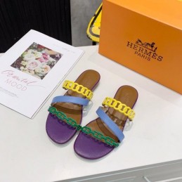 Replica Hermes Yellow Purple Multi Strap Chain Sandal