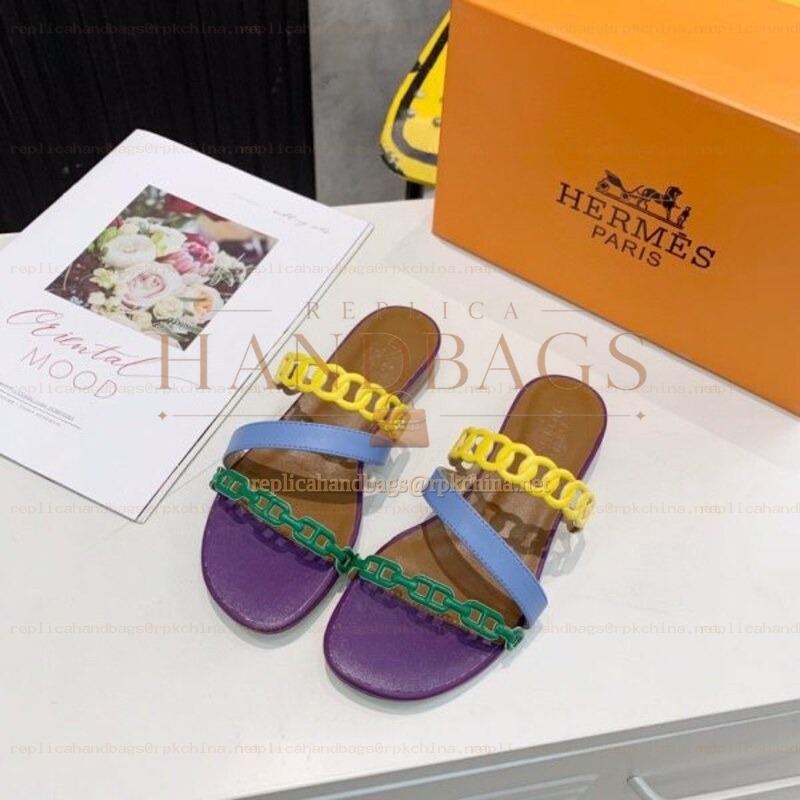 Replica Hermes Yellow Purple Multi Strap Chain Sandal