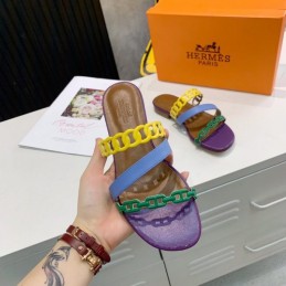 Replica Hermes Yellow Purple Multi Strap Chain Sandal