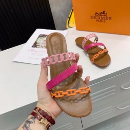 Replica Hermes Pink Brown Multi Strap Chain Sandal