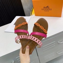 Replica Hermes Pink Brown Multi Strap Chain Sandal