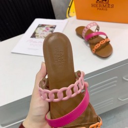 Replica Hermes Pink Brown Multi Strap Chain Sandal