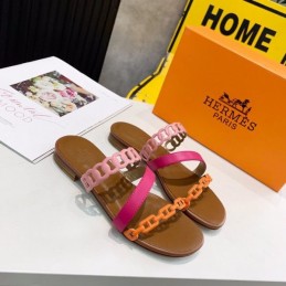 Replica Hermes Pink Brown Multi Strap Chain Sandal