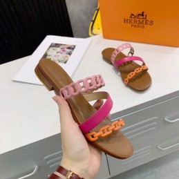 Replica Hermes Pink Brown Multi Strap Chain Sandal