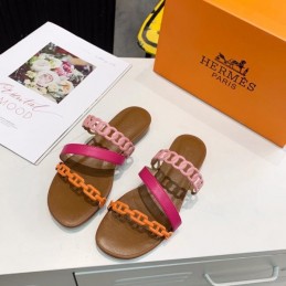 Replica Hermes Pink Brown Multi Strap Chain Sandal
