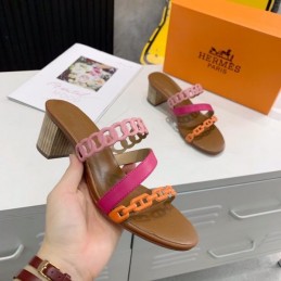 Replica Hermes Brown Pink Multi Strap Chain Sandal