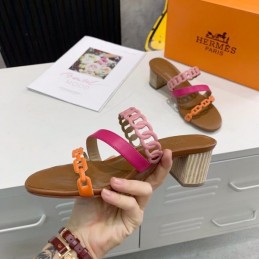 Replica Hermes Brown Pink Multi Strap Chain Sandal