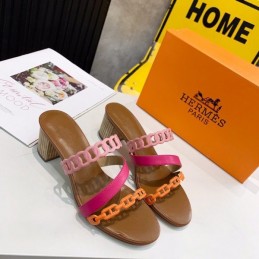 Replica Hermes Brown Pink Multi Strap Chain Sandal