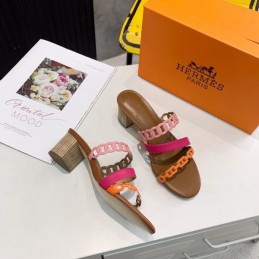 Replica Hermes Brown Pink Multi Strap Chain Sandal