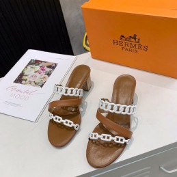 Replica Hermes Brown White Chain Strap Sandal