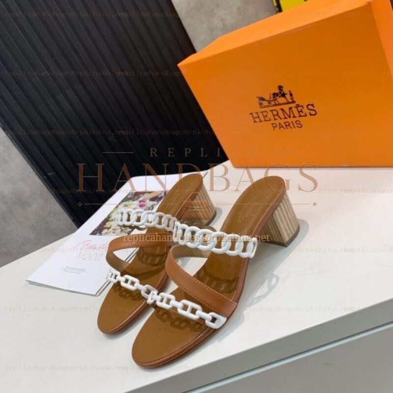 Replica Hermes Brown White Chain Strap Sandal