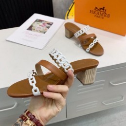 Replica Hermes Brown White Chain Strap Sandal