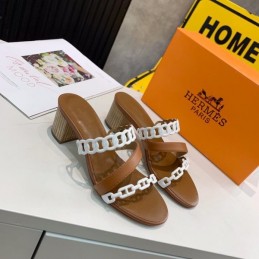 Replica Hermes Brown White Chain Strap Sandal