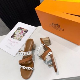 Replica Hermes Brown White Chain Strap Sandal
