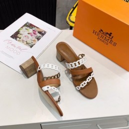 Replica Hermes Brown White Chain Strap Sandal