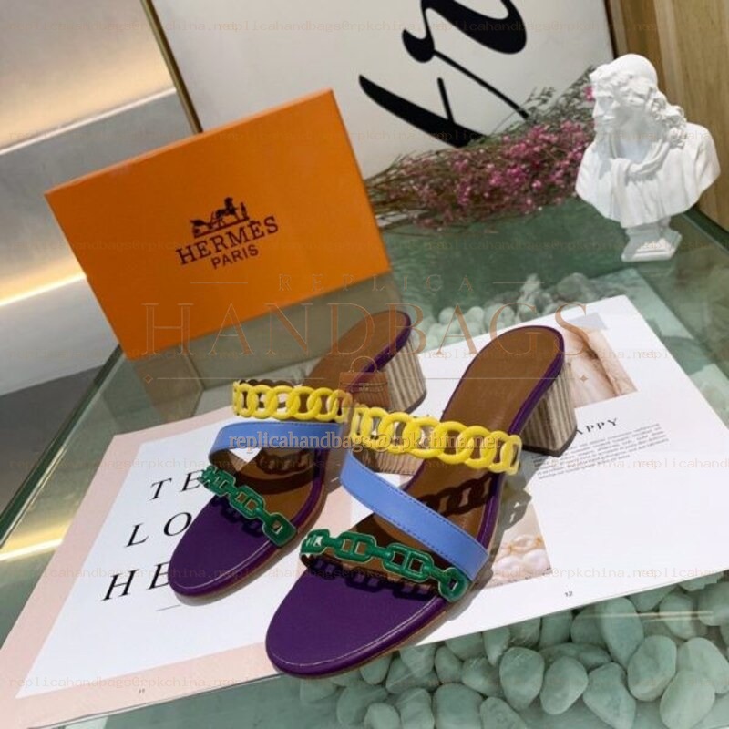 Replica Hermes Yellow Purple Colorblock Chain Sandal