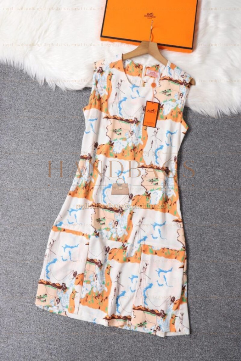 Replica Hermes Orange Scarf Print Sleeveless Dress