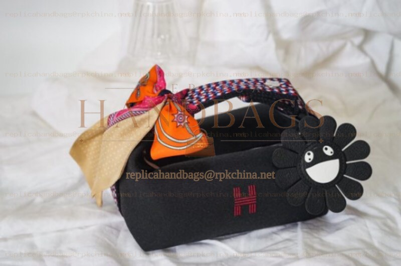 Replica Hermes Black Trousse Bride Pink Twilly Flower Charm Bag