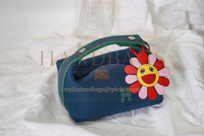 Replica Hermes Navy Blue Trousse Bride Red Flower Charm Bag