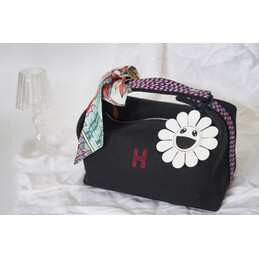 Replica Hermes Black Trousse Bride White Flower Charm Bag