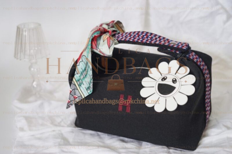 Replica Hermes Black Trousse Bride White Flower Charm Bag