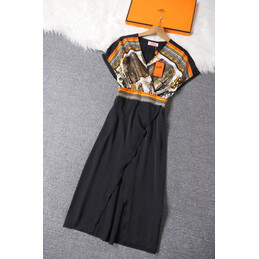 Replica Hermes Black Scarf Print Pleated Dress