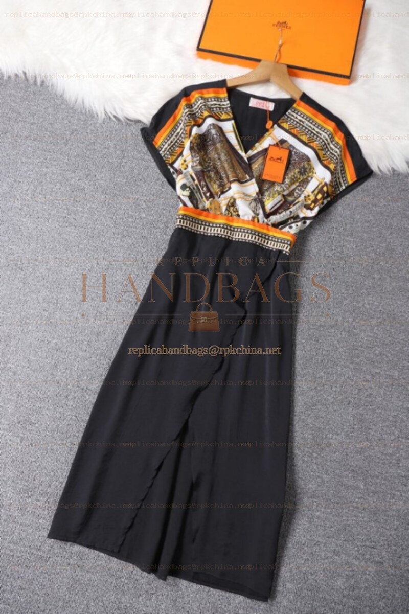 Replica Hermes Black Scarf Print Pleated Dress