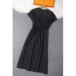 Replica Hermes Black Scarf Print Pleated Dress