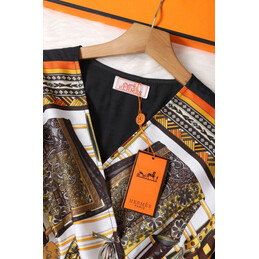 Replica Hermes Black Scarf Print Pleated Dress