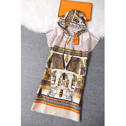 Replica Hermes Brown Scarf Print Pleated Dress