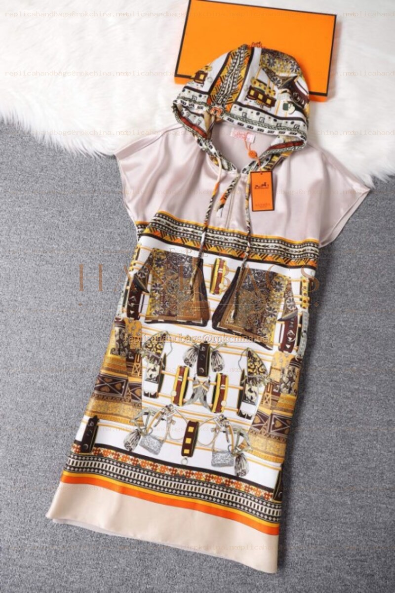 Replica Hermes Brown Scarf Print Pleated Dress