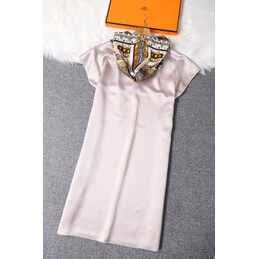 Replica Hermes Brown Scarf Print Pleated Dress