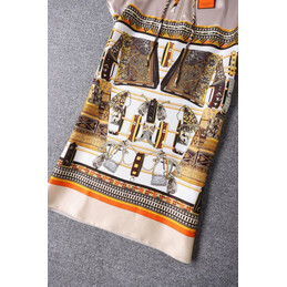 Replica Hermes Brown Scarf Print Pleated Dress